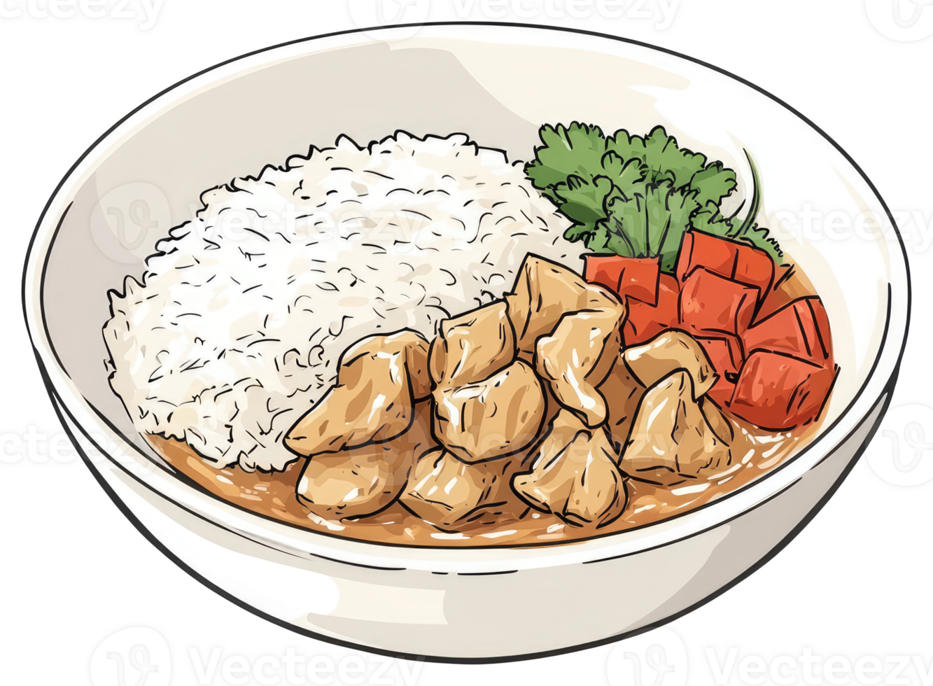 A colorful bowl of food containing rice chicken and vegetables png