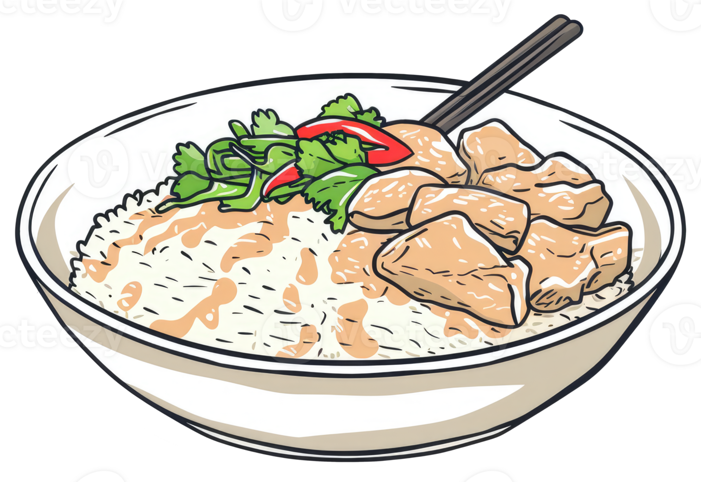 A Bowl of Food Garnished with Vegetables and Chopsticks png