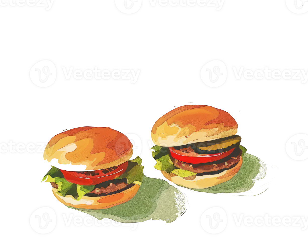 Two artistic illustrations of delicious burgers with various toppings are shown png