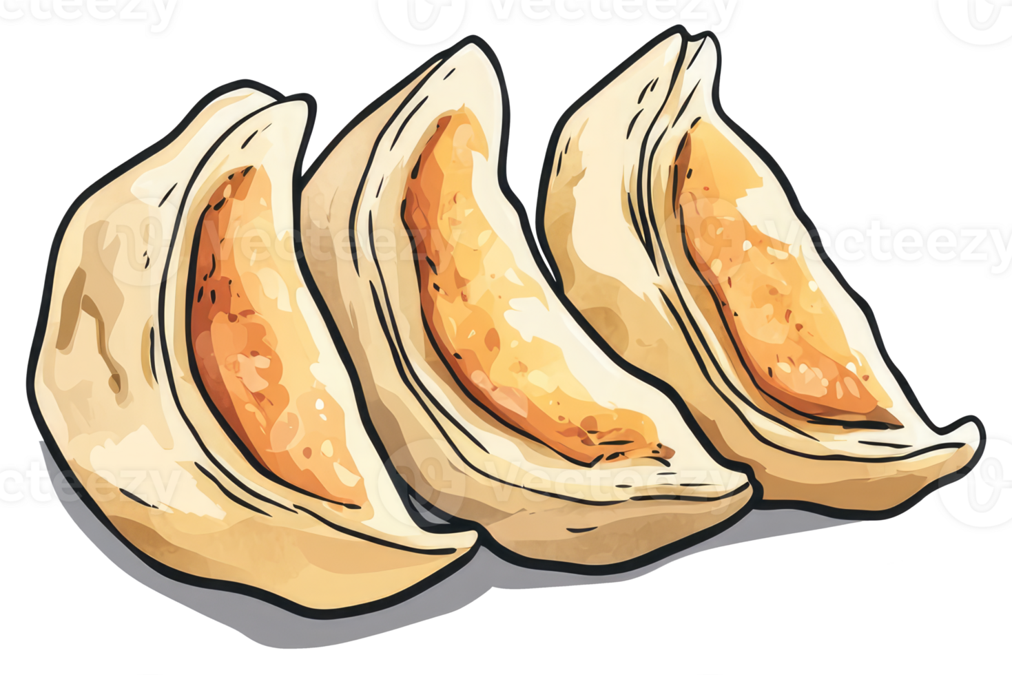 Three Cooked Dumplings Arranged Showing Their Delicious Filling png