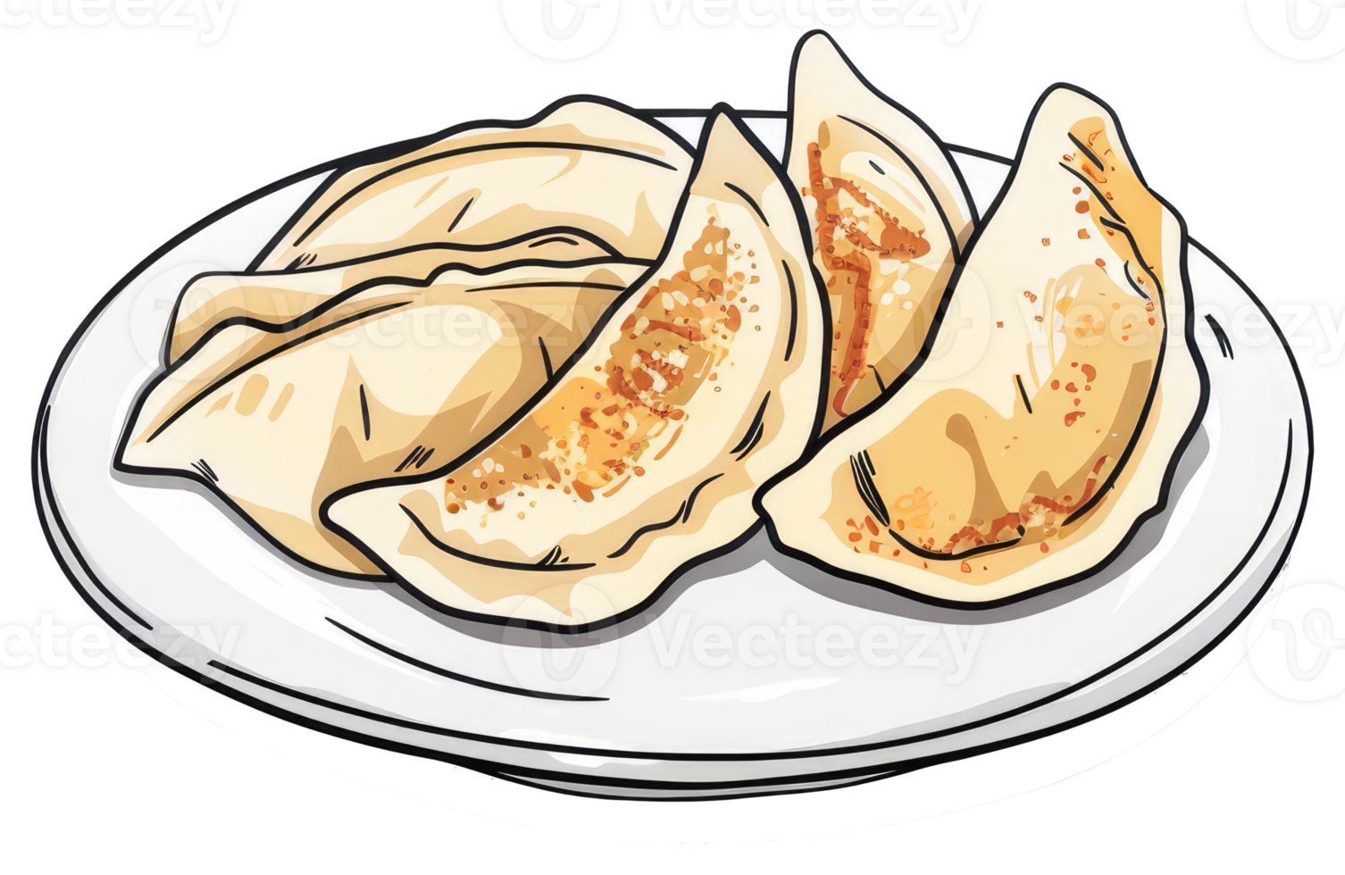 A plate of cooked dumplings in an appetizing cartoon illustration png