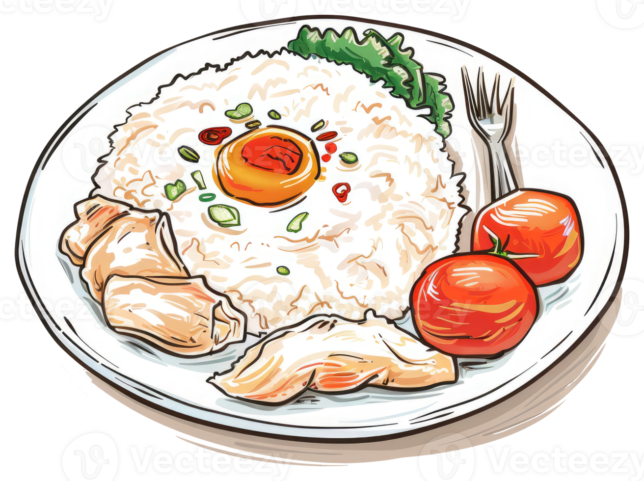 A colorful illustration of a plate of food ready to eat png