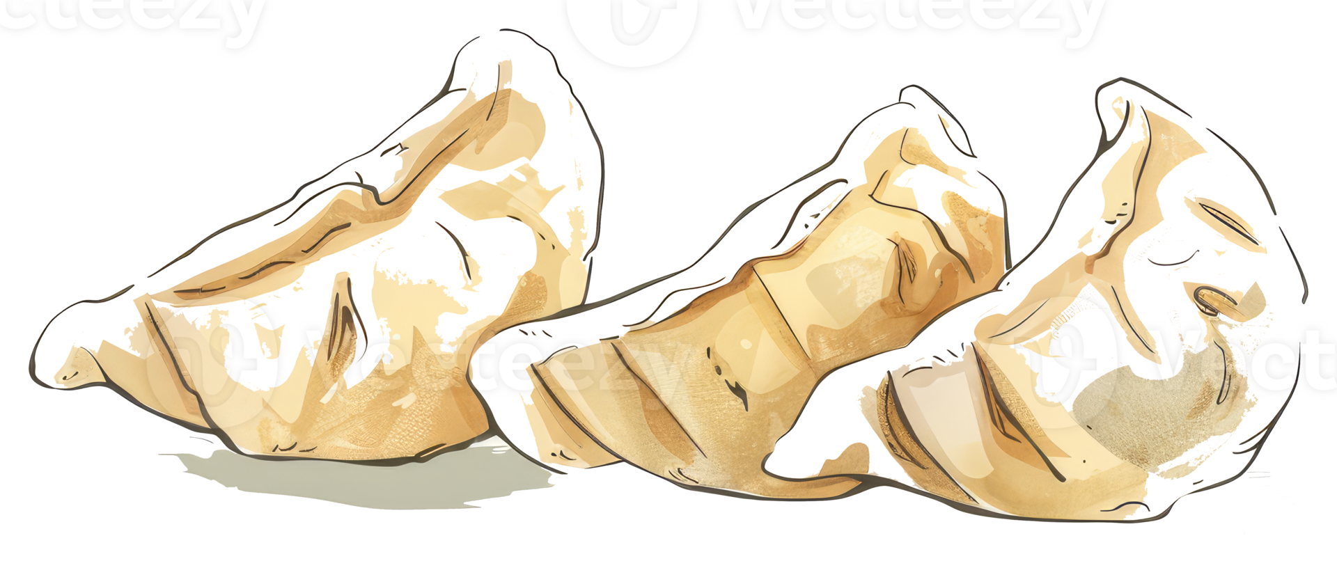 Three cooked dumplings arranged in a watercolor style illustration png