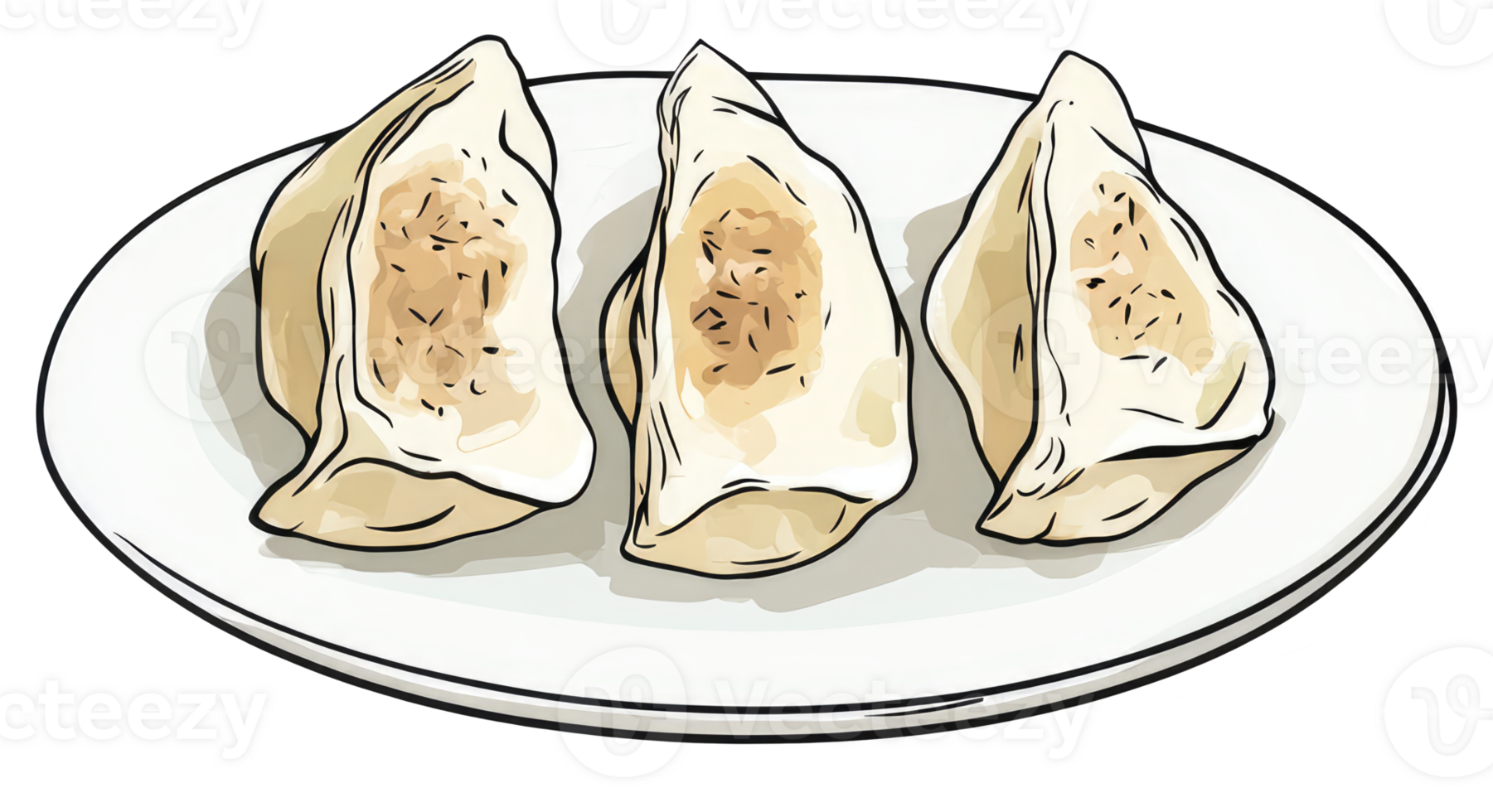 Three cooked dumplings are presented on a white plate png