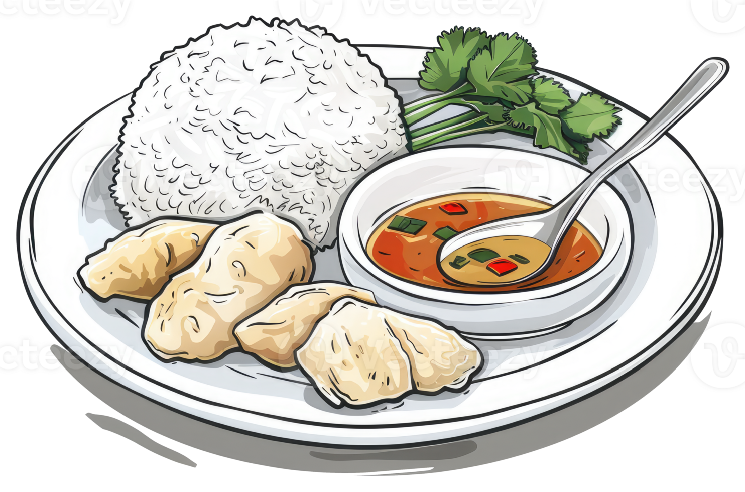A plate of rice dumplings sauce and herbs for eating png
