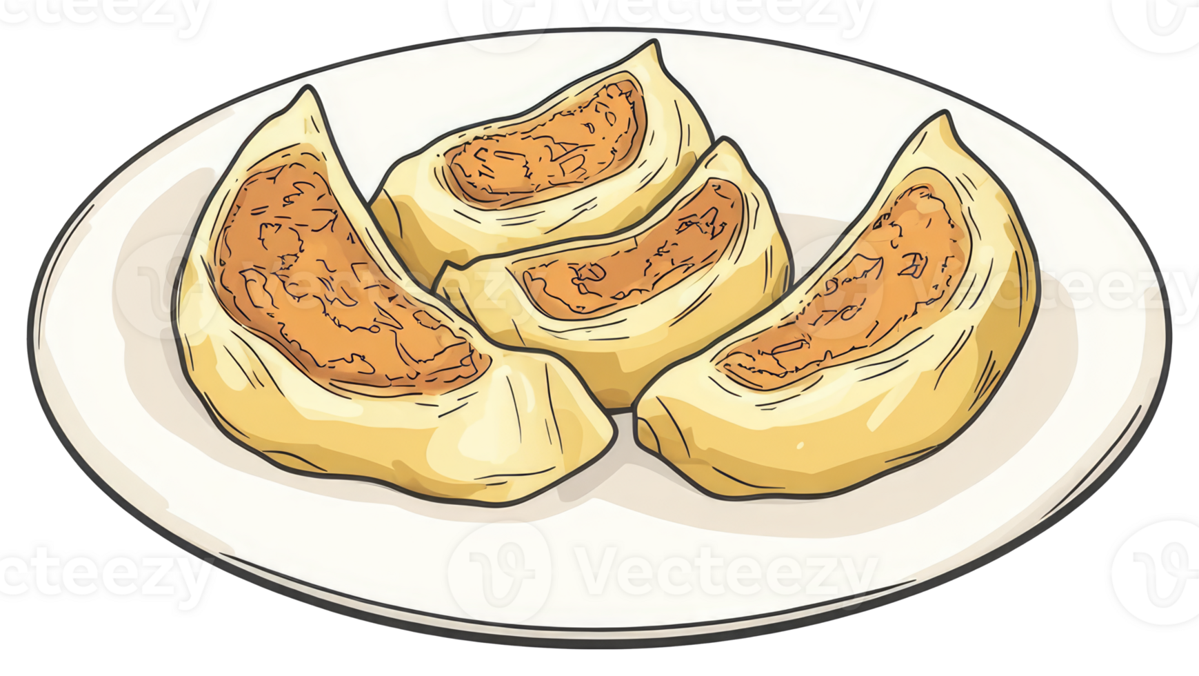 Four pastries filled with delicious meat are placed on a plate png