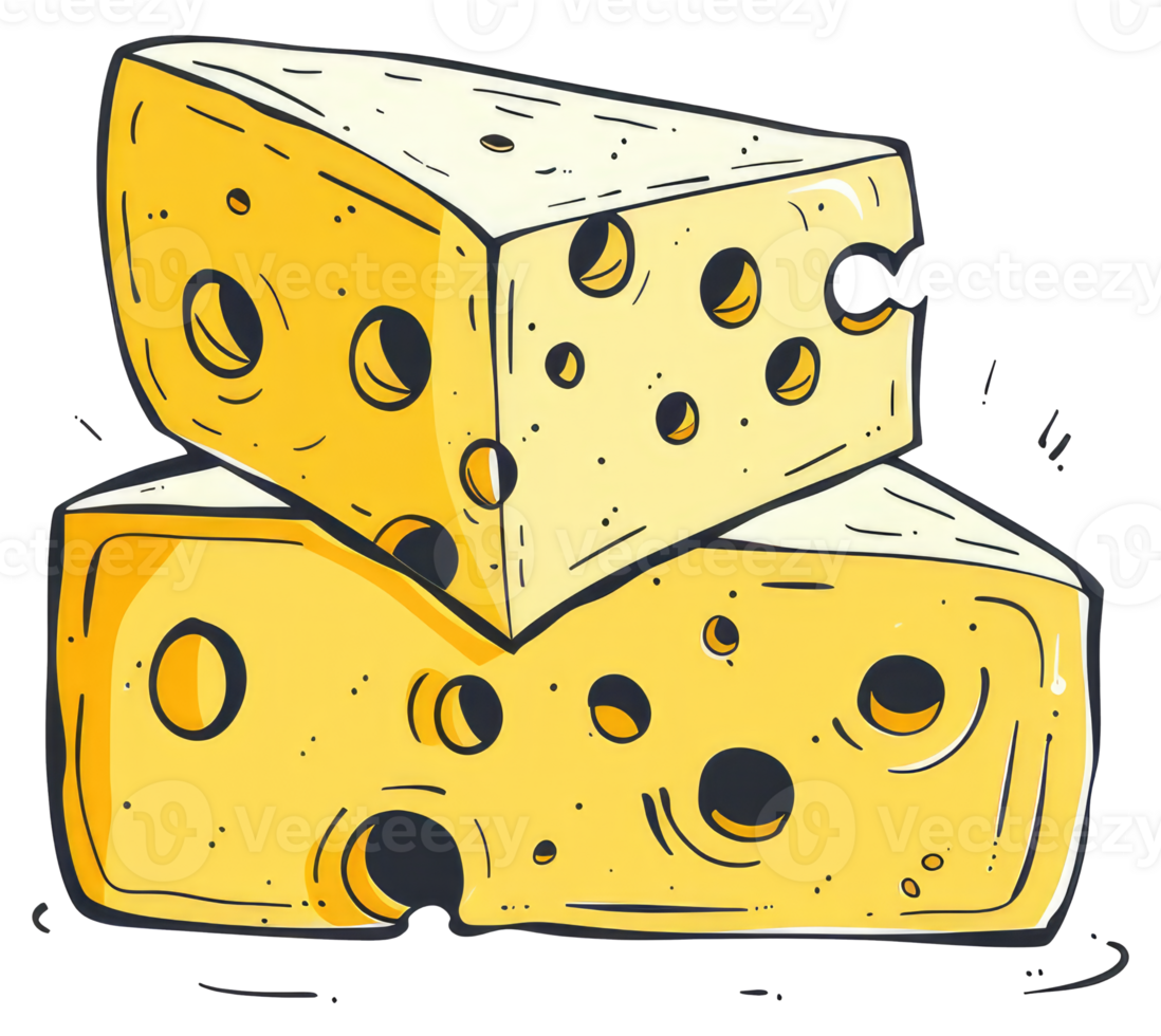 Two stacked cartoon style wedges of yellow cheese with holes png