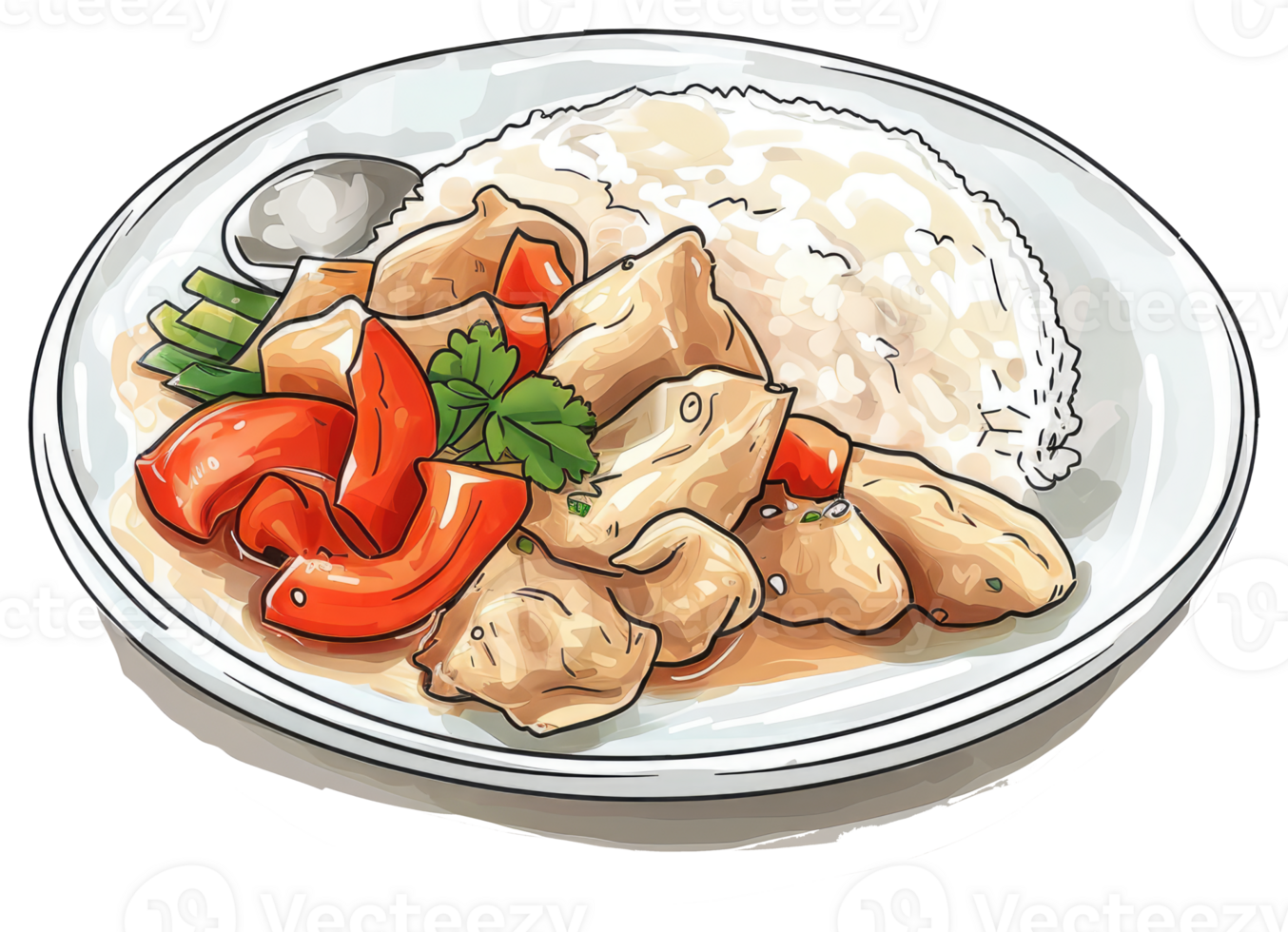 A plate of food with rice meat vegetables and sauce png