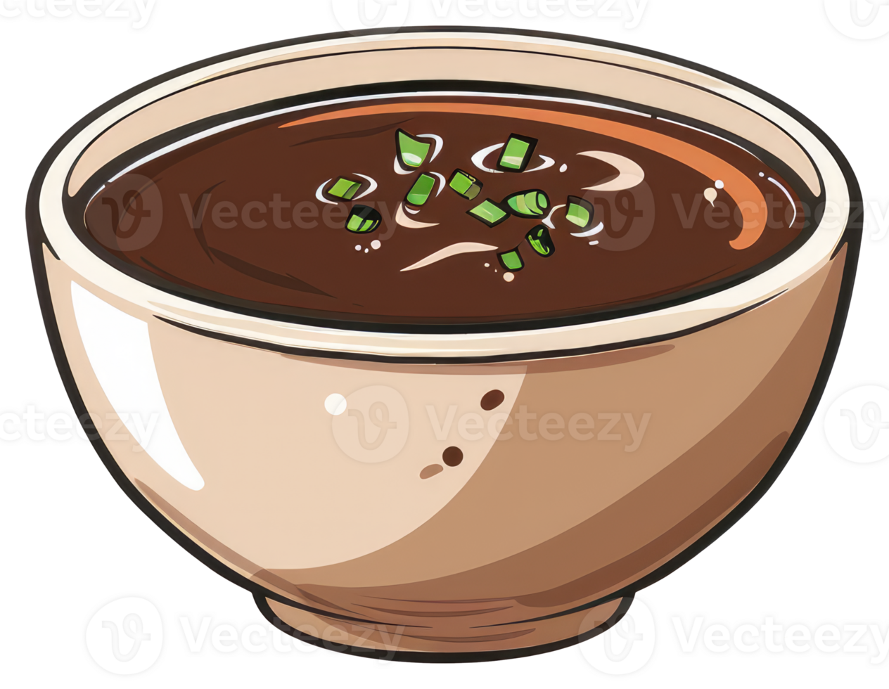 An illustration presents a full ceramic bowl of dark broth png