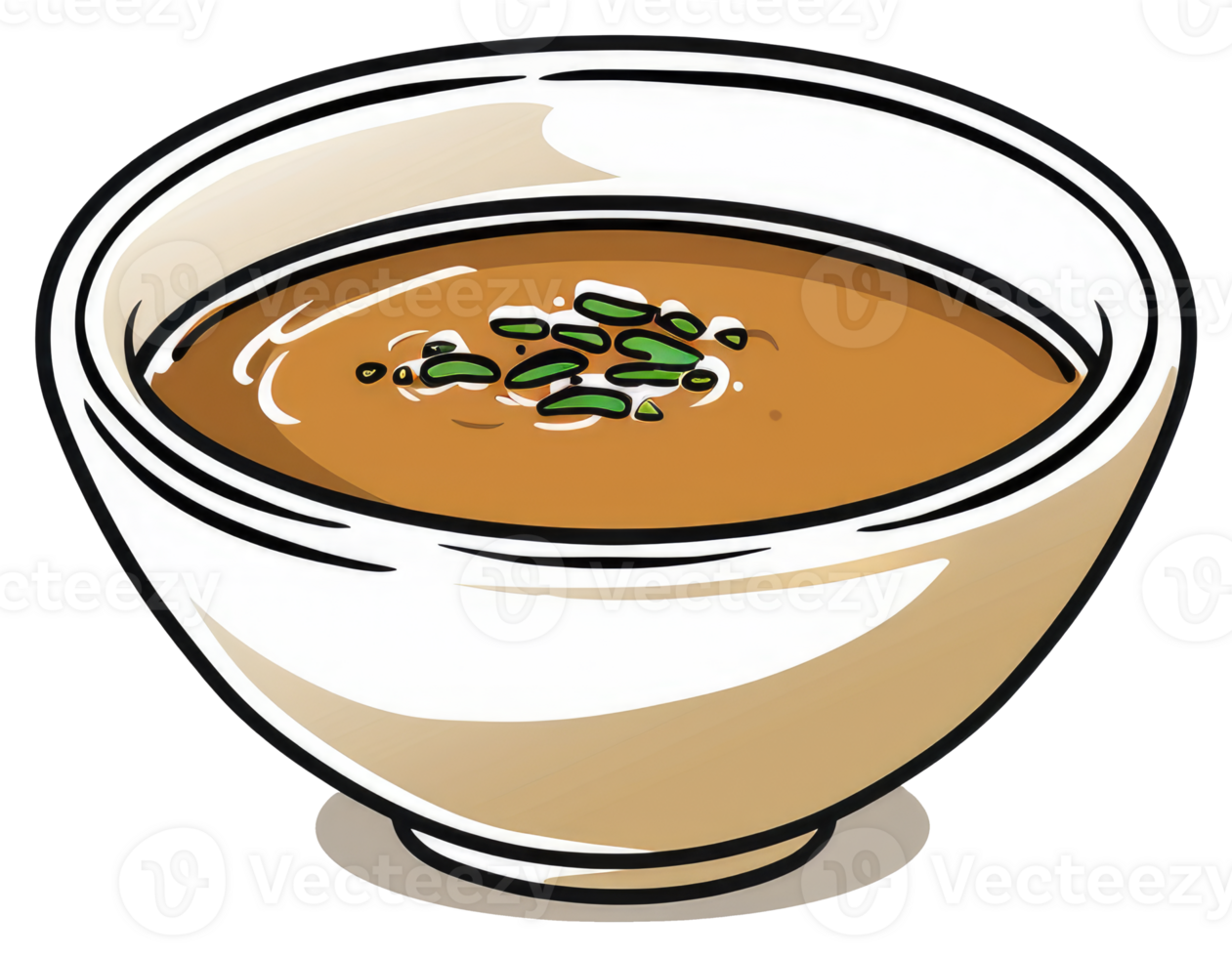 A white bowl of soup is garnished with green herbs png