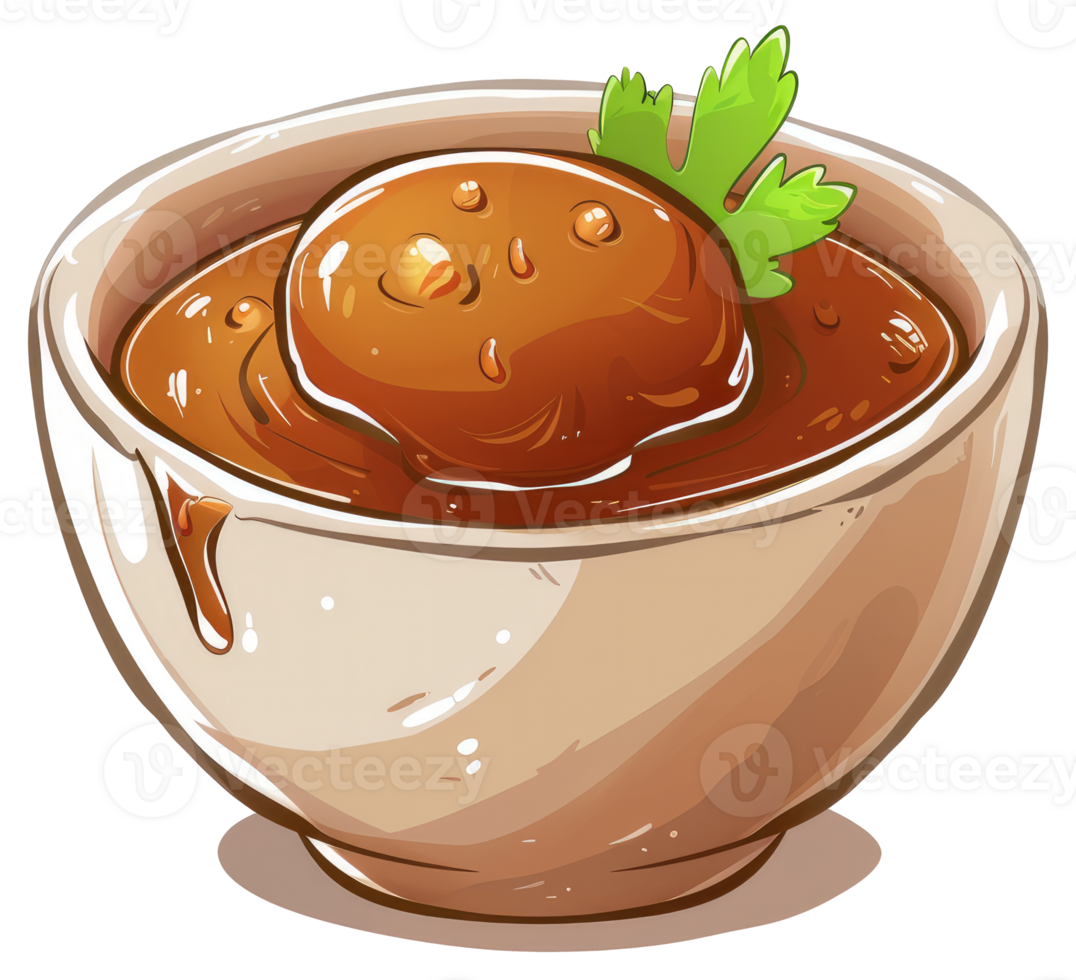 A bowl of savory soup with a large meatball inside it png