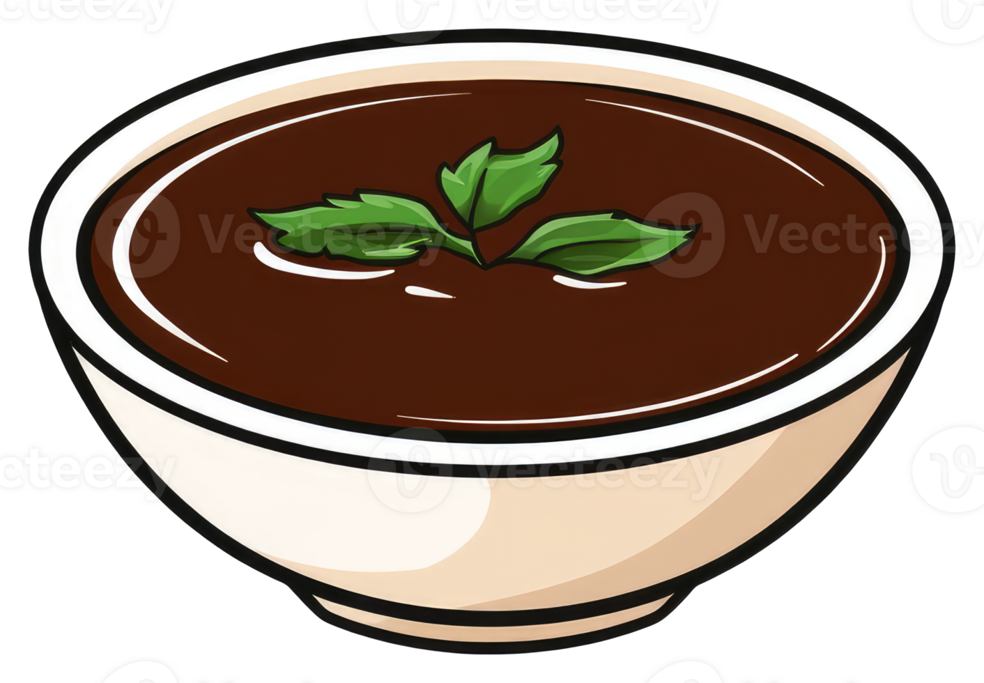 A bowl of soup with green herbs floating within the liquid png