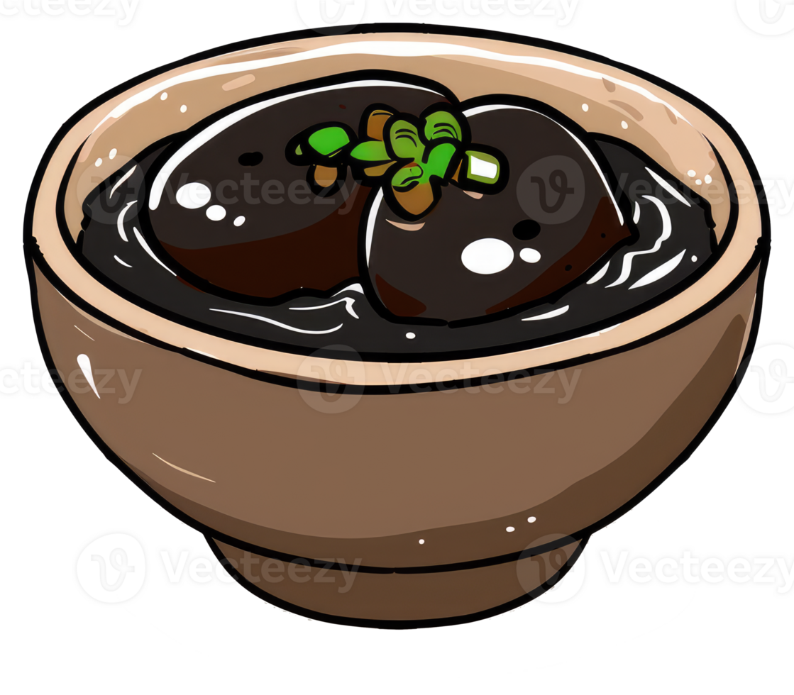 Two dark food items in a brown bowl with garnishing herbs png