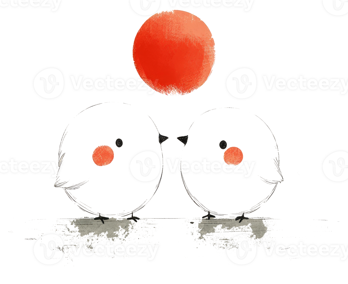 Two cartoon birds are in a cute embrace under a red sun png