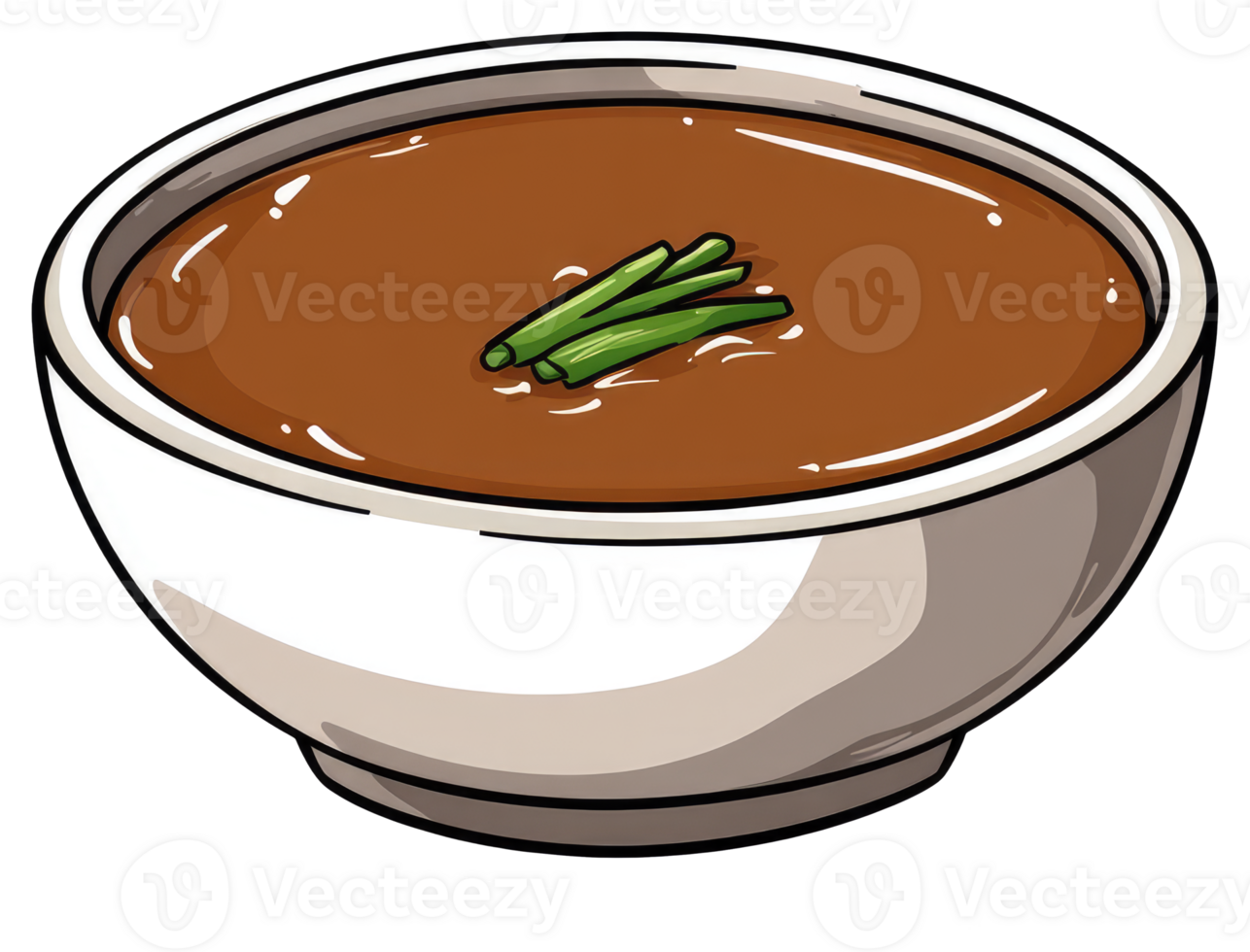 A white bowl filled with dark brown soup and green garnish png