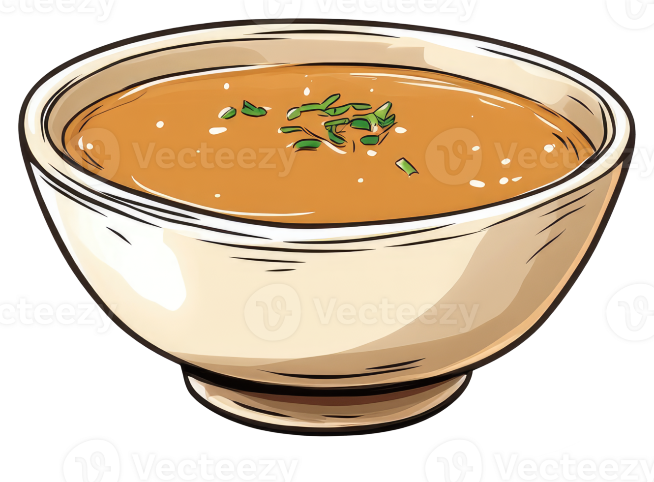 A bowl of soup with green herbs is presented visually png