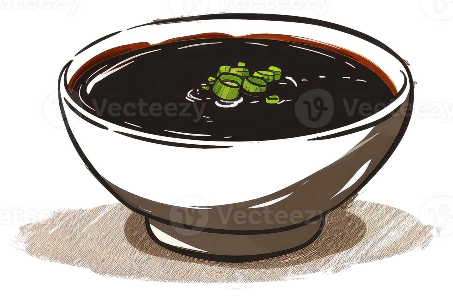 A ceramic bowl containing a dark broth garnished with green herbs png
