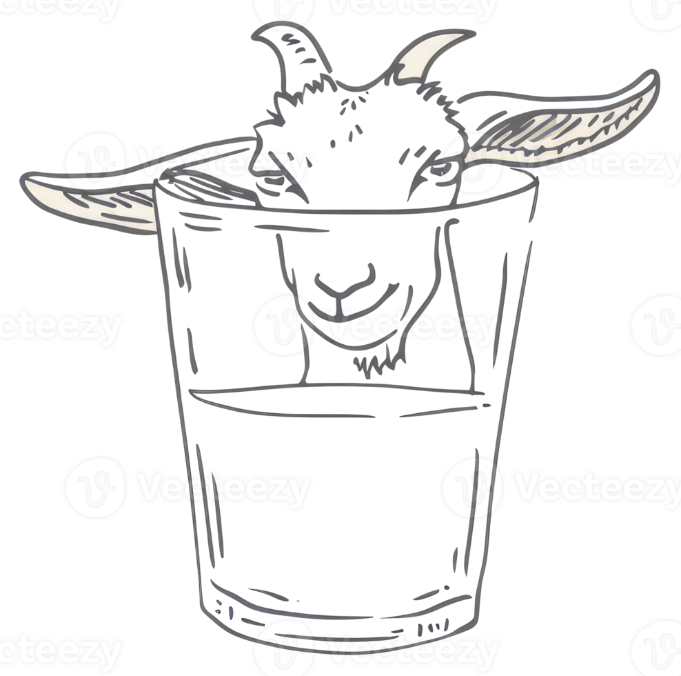 A smiling goats head emerges from inside of a glass png