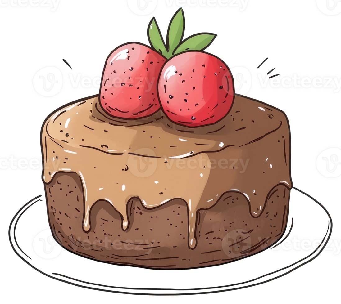A delicious chocolate cake decorated with fresh strawberries on a plate png