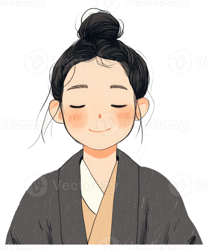 A calm person with closed eyes and hair in a bun png