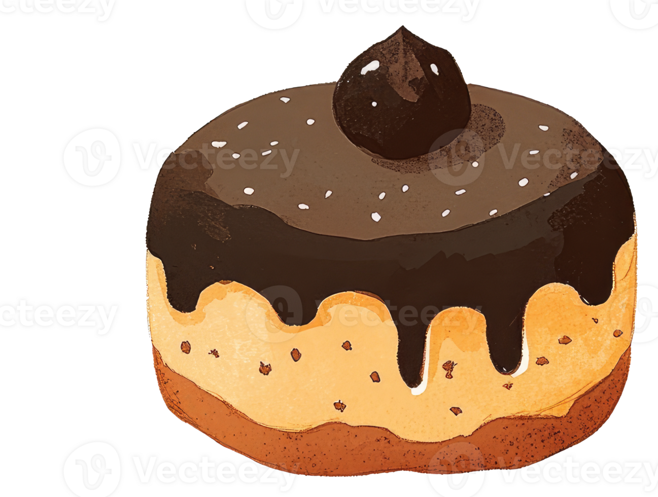 A delicious illustrated donut covered in chocolate icing and topping png