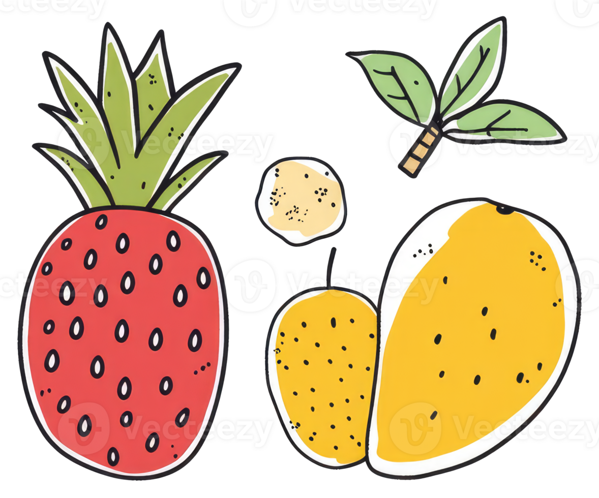 Colorful Illustrated Depiction of Assorted Fresh Tropical Fruits png