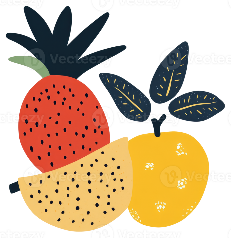A vibrant artistic illustration of various colorful tropical fruits png