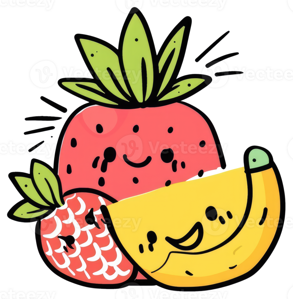 A cartoon illustration featuring a strawberry raspberry and banana png