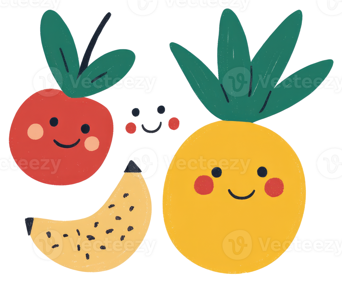 Animated illustrations showcasing various cheerful and smiling fruit designs png