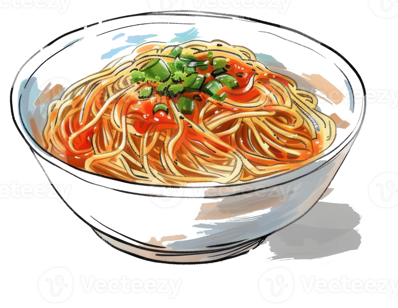 A drawing of a bowl of seasoned noodles and garnish png