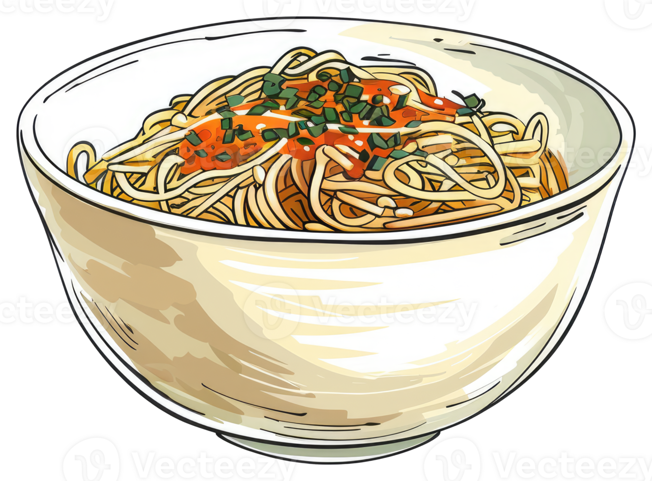 A bowl of noodles is shown with a colorful sauce png