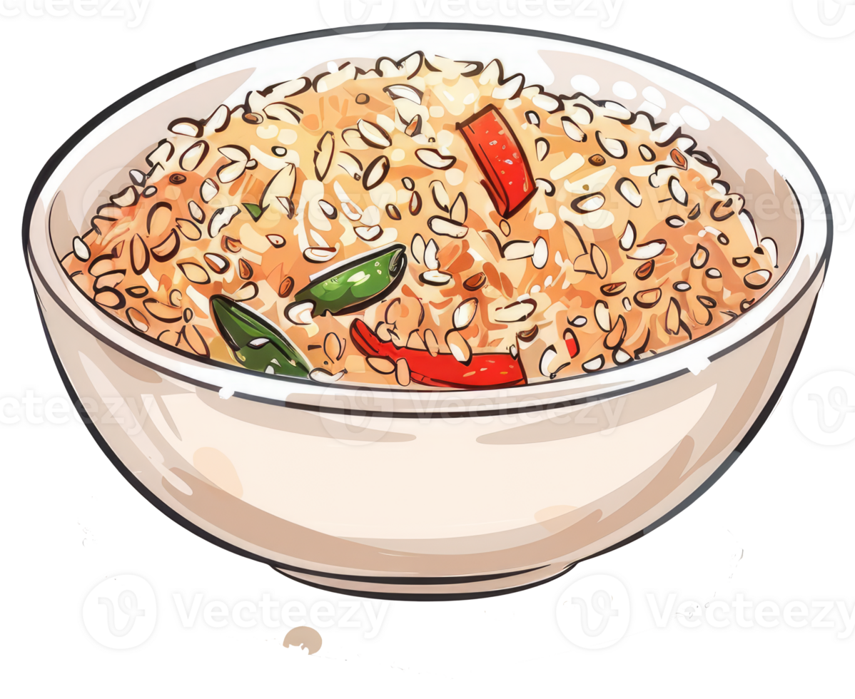 A detailed illustration of a bowl of seasoned fried rice png