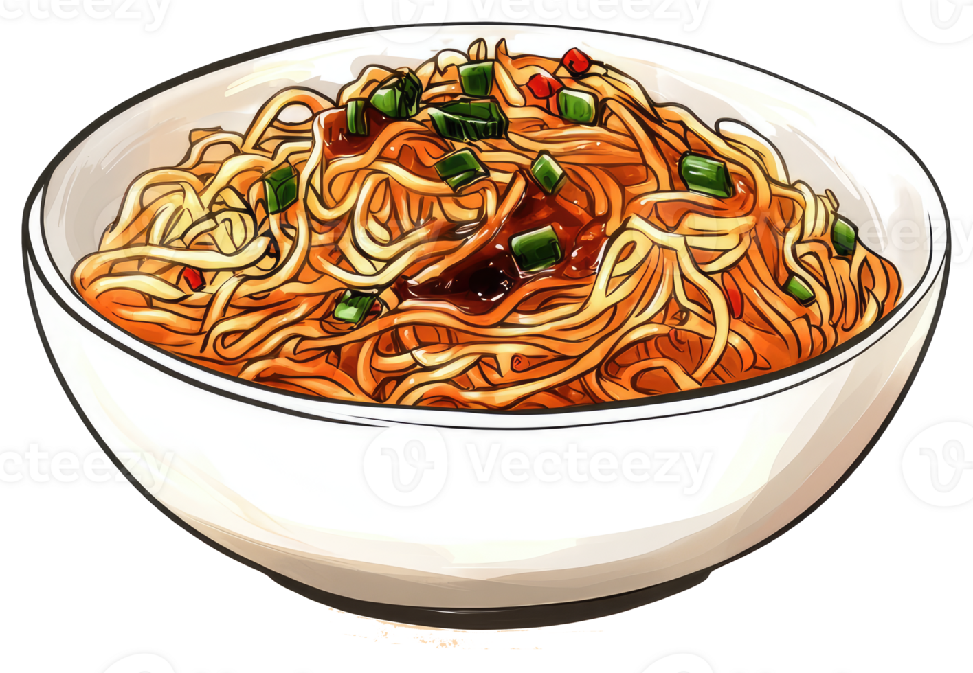 A white bowl filled with cooked noodles and sauce png