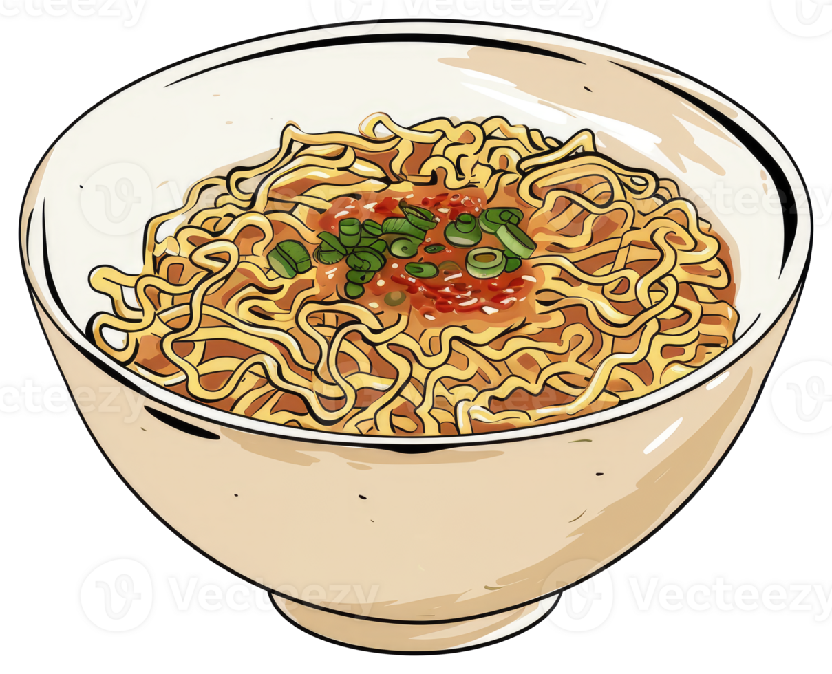 A white bowl overflowing with delicious prepared noodles illustration png
