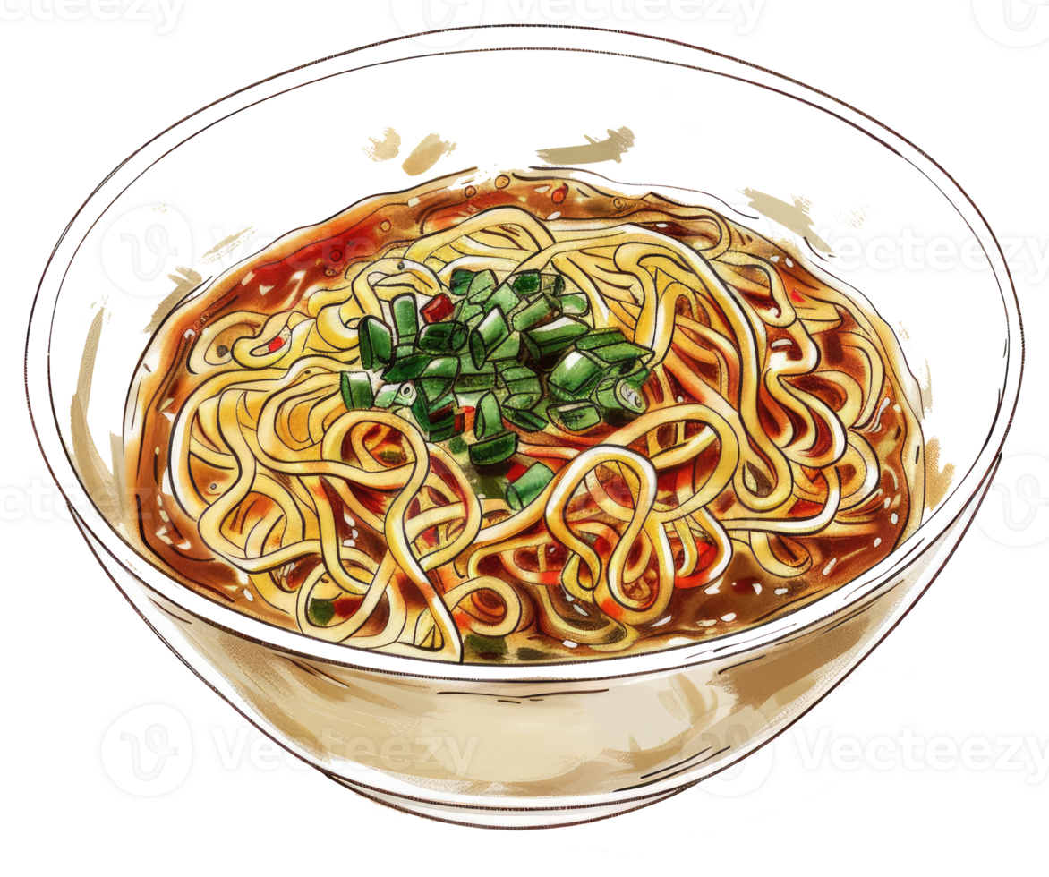 A bowl of noodles with vegetables and sauce illustration png