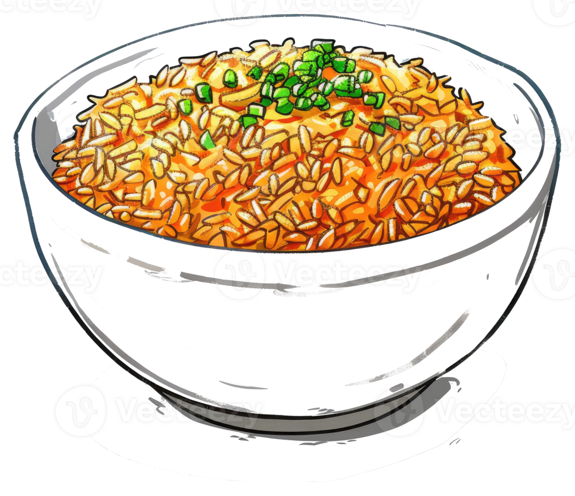 A simple illustration of cooked rice in a white ceramic bowl png