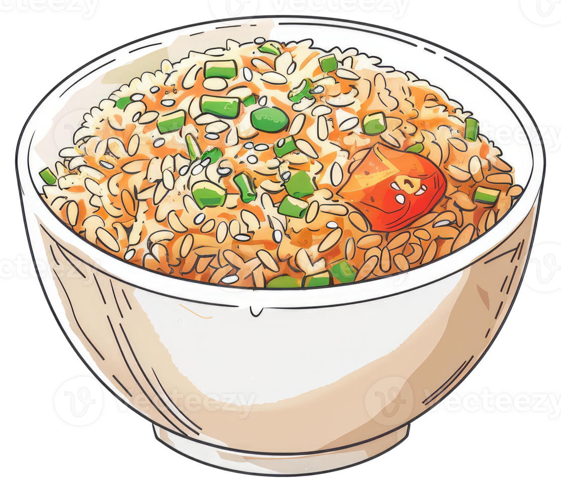 A white bowl filled with appetizing cooked rice and vegetables png
