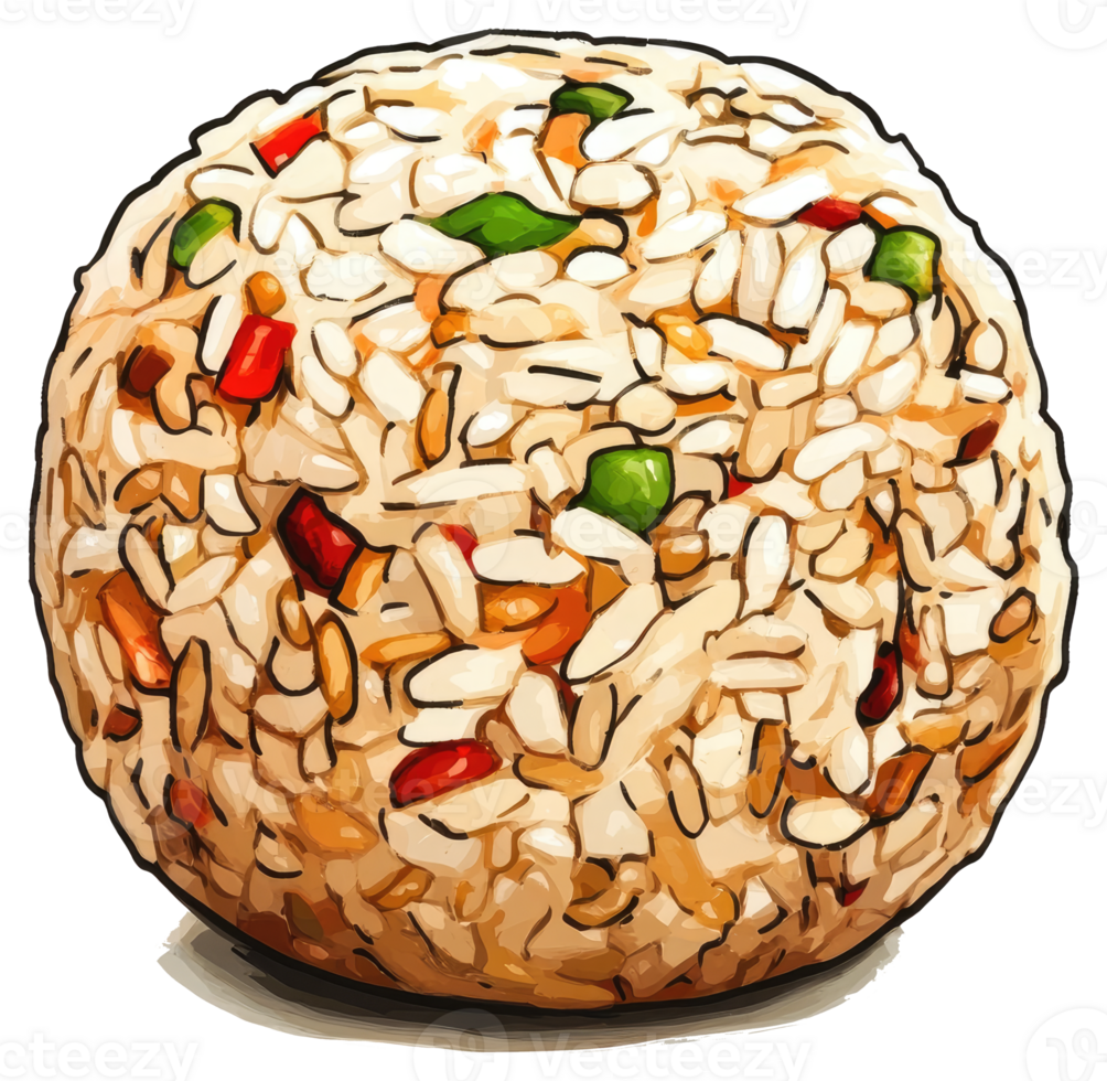 A stylized illustration of a ball of cooked rice with vegetables png