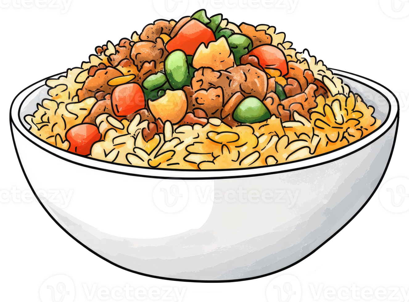 A bowl of delicious cooked rice with assorted colorful vegetables png