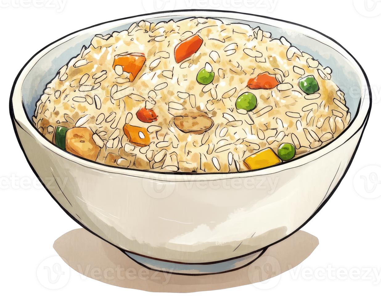 A ceramic bowl filled with flavorful fried rice and vegetables png