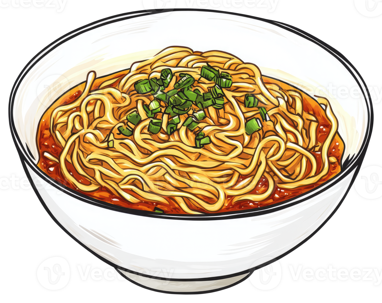A Bowl Of Noodles Drizzled With Green Onions And Sauce png