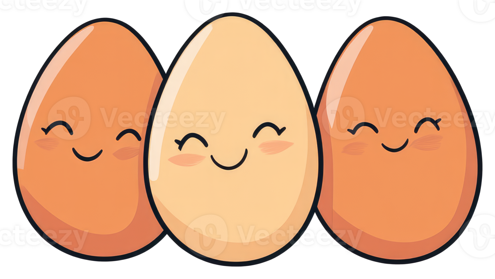 Three cartoon eggs are showing happy facial expressions smiling png