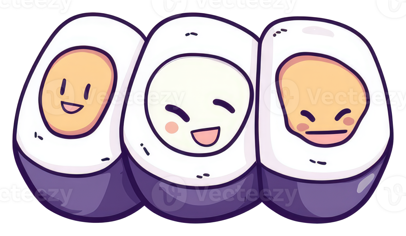 Three smiling cartoon hard boiled eggs with different expressions png