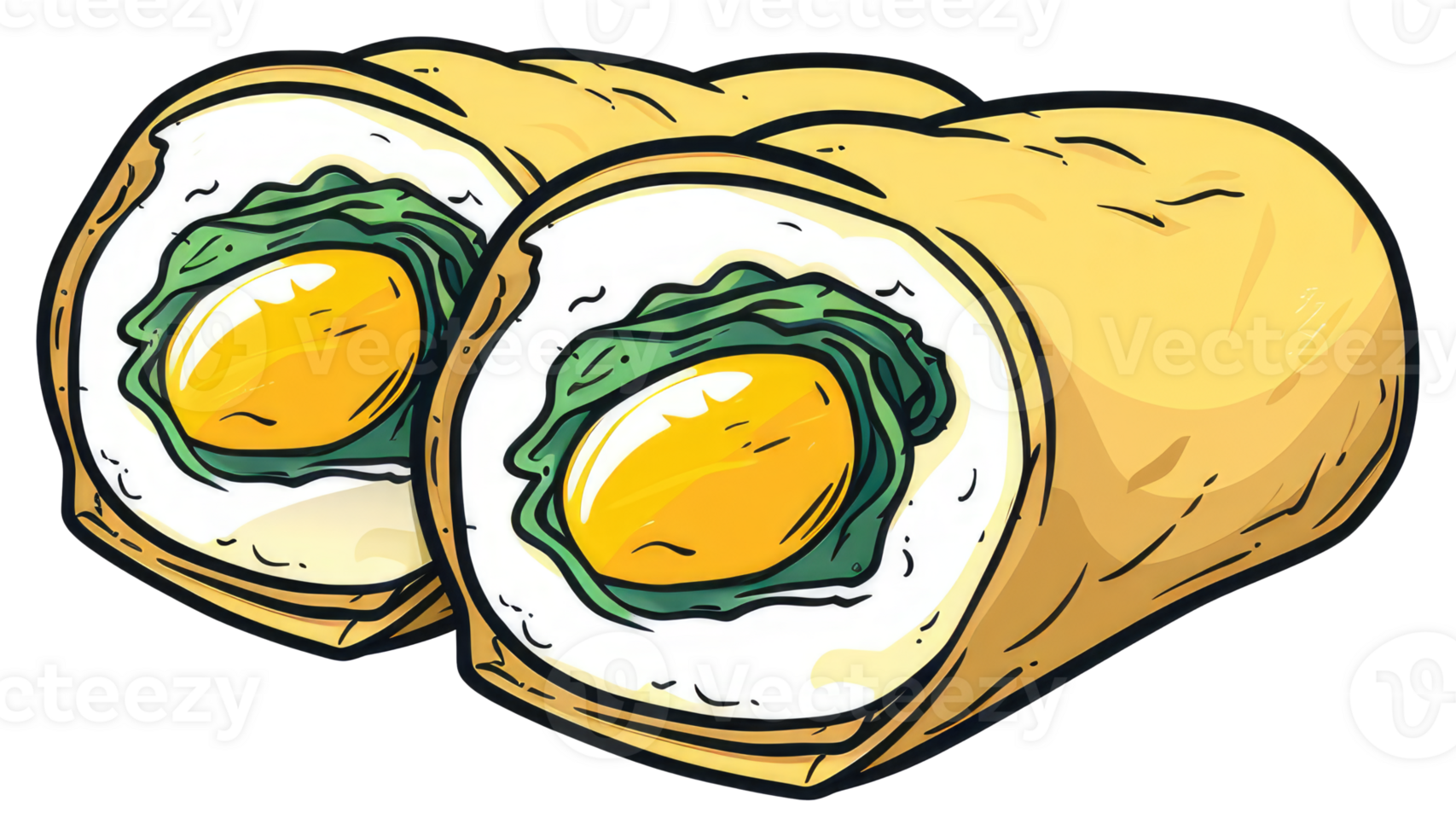 Two cartoonish sushi rolls showing a bright yellow yolk filling png