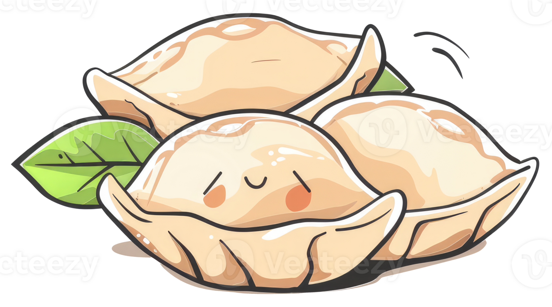 Cute cartoon dumplings arranged with green leafy embellishments are visible png