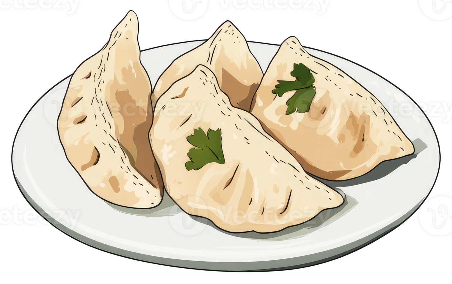 A plate holding several cooked dumplings with herb garnish png