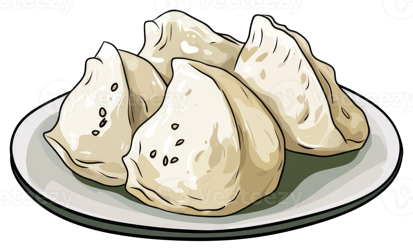 Four cooked dumplings are served on a simple white plate png