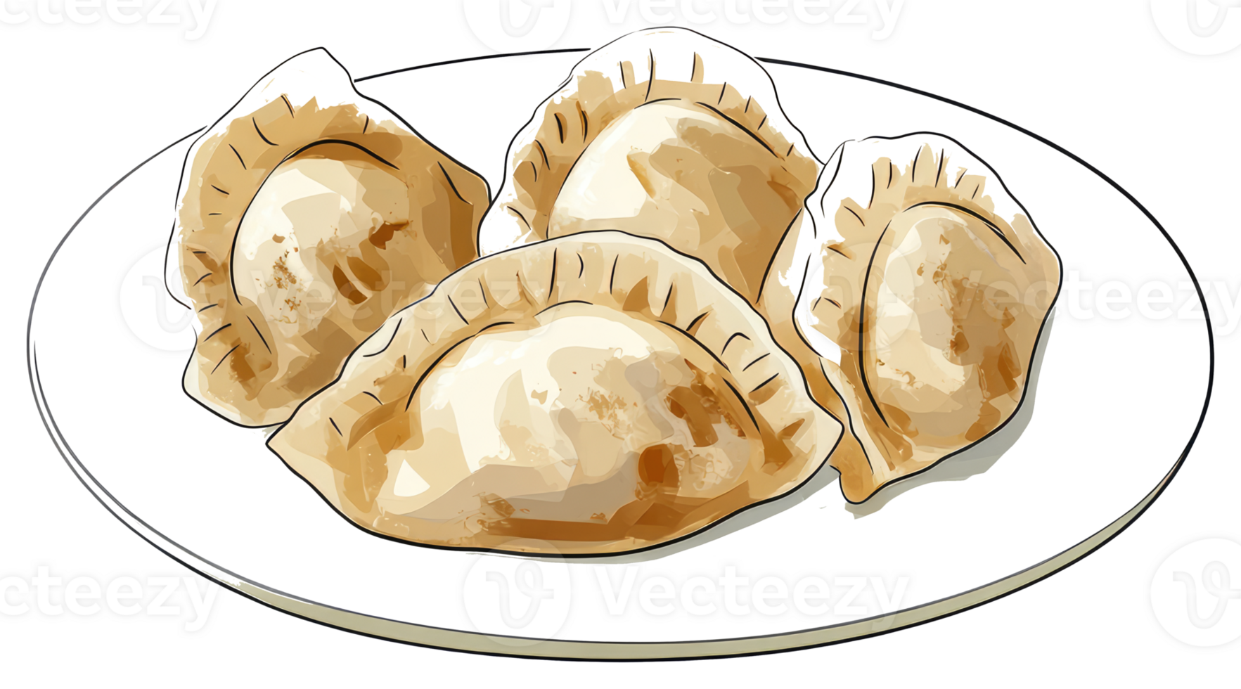Four Cooked Dumplings Served Nicely Arranged on a White Plate png