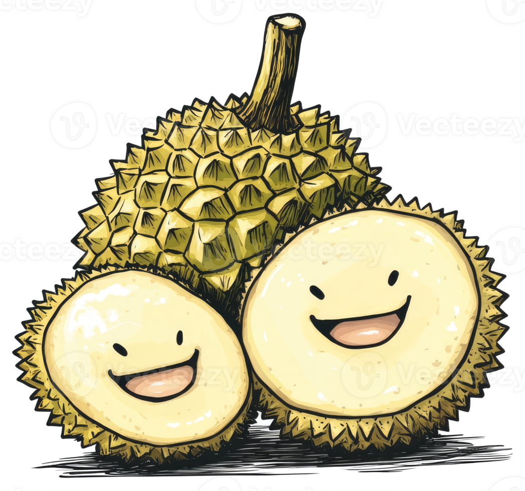 A cute cartoon durian fruit with two happy smiling faces png