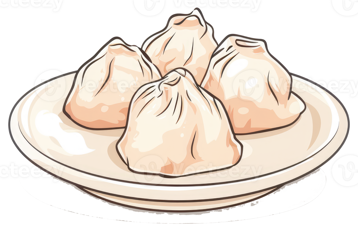 Four delicious dumplings are presented on a white ceramic plate png